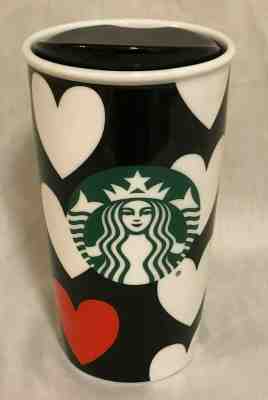 NWOT 2015 Starbucks White Hearts Black Ceramic Traveler Tumbler Mug 12 oz.  - Sold on eBay Dec, 7th 2019 for $24.99