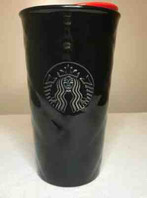 Starbucks 2015 Black Quilted Ceramic Tumbler Travel Mug 10 Oz Red Lid HTF New - Sold on eBay Dec, 7th 2019 for $24.99