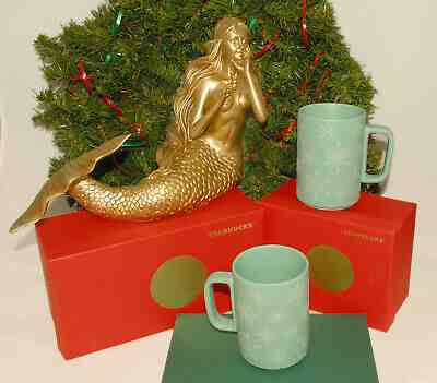 STARBUCKS - 2018 - SET of 2 - Mint Green Snowflake 12 oz Coffee CUPS / MUGS *NEW - Sold on eBay Dec, 6th 2019 for $34.99