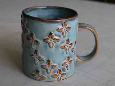 STARBUCKS 2008 RARE CERAMIC MUG - BLUE WITH RAISED / EMBOSSED BROWN FLOWERS - Sold on eBay Dec, 5th 2019 for $24.00