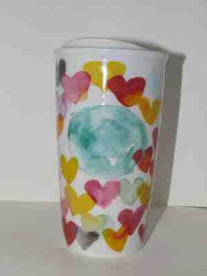 Starbucks 2015 Watercolor Hearts Ceramic Travel Mug Tumbler 10 oz Coffee Cup - Sold on eBay Dec, 5th 2019 for $28.99
