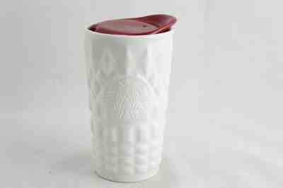 Starbucks 2014 White Ceramic Travel Tumbler Mug Cup Quilted With Red Lid 10 Oz  - Sold on eBay Dec, 11th 2019 for $17.99