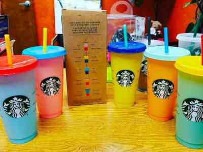 STARBUCKS Plastic Reusable COLOR CHANGING CUPS - set of 5 - Sold on eBay Dec, 11th 2019 for $60.00