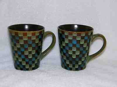 Starbucks Coffee 2009 Brown Mugs Green Blue Checkerboard Squares - Qty 2 - Sold on eBay Dec, 11th 2019 for $15.00