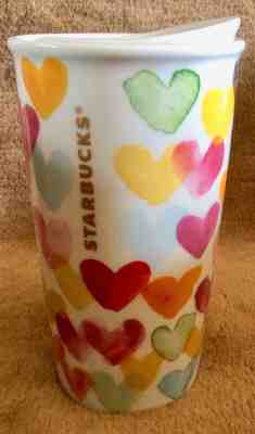  STARBUCKS Coffee WATERCOLOR HEARTS 10 OZ Ceramic Travel Tumbler & Lid - Sold on eBay Dec, 11th 2019 for $32.99