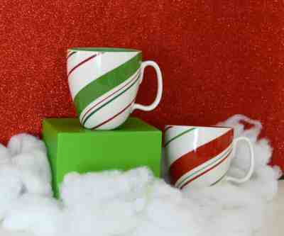 TWO 2007 STARBUCKS HOLIDAY COFFEE MUGS GREEN & RED STRIPES - Sold on eBay Dec, 12th 2019 for $17.50
