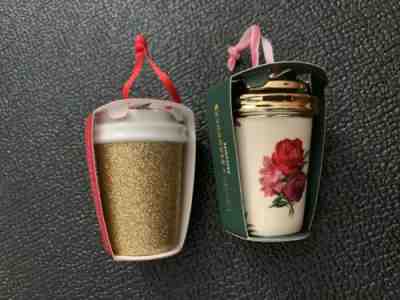 2 Starbucks Gold GLITTER & BanDo ROSES Holiday Christmas Tree Ornament - Sold on eBay Dec, 12th 2019 for $21.00