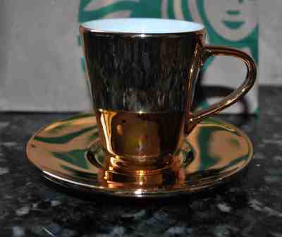 New Starbucks mini MUG/CUP + SAUCER 3oz 2013  Holiday Xmas GOLD METALLIC - Sold on eBay Dec, 12th 2019 for $21.59