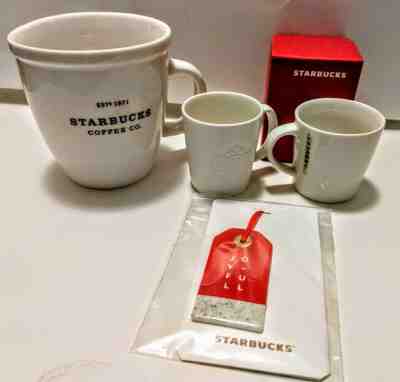 LOT STARBUCKS Large White Ceramic Mug,3 oz Demi Peace,Lady, Christmas Ornament  - Sold on eBay Dec, 12th 2019 for $24.99