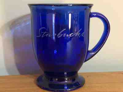 Starbucks Cobalt Blue Glass Coffee Cup Mug 16oz | Pedestal Etched Cursive Footed - Sold on eBay Dec, 11th 2019 for $20.00