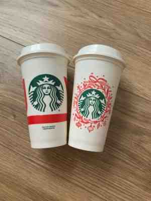 2 Starbucks CHRISTMAS Reusable Plastic Coffee Cup Grande 16oz Hot Retired - Sold on eBay Dec, 11th 2019 for $16.00
