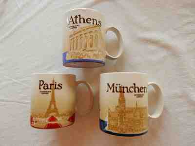 THREE Starbucks Global Icon Collector Series Athens, Paris, Munchen 16 oz mugs 