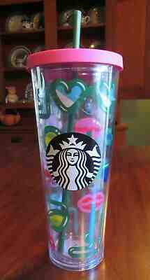 STARBUCKS 2014 SUNGLASSES LIPS STRAWS COLD CUP 24 OZ TUMBLER W/ STRAW PINK LID - Sold on eBay Dec, 10th 2019 for $16.99