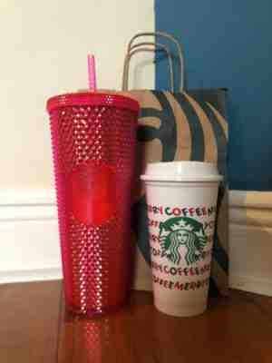 NEW STARBUCKS Neon Pink Studded Cold Cup Tumbler WINTER HOLIDAY 2019 24 oz + CUP - Sold on eBay Dec, 13th 2019 for $34.99