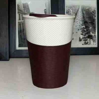 STARBUCKS 2014 Ceramic 8 oz Travel Tumbler Rubber Grip Coffee Mug White/Purple  - Sold on eBay Dec, 13th 2019 for $16.16