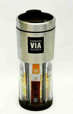 Starbucks 2009 VIA Ready Brew Stainless Travel Tumbler w/7 Packets Of Coffee New - Sold on eBay Dec, 13th 2019 for $24.99