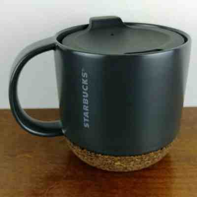 STARBUCKS Cork Bottom 2016 12oz Ceramic Coffee Mug Travel Cup Black w/ Lid RARE - Sold on eBay Dec, 13th 2019 for $24.99