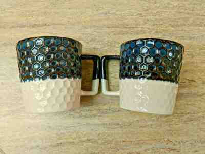 Lot of 2 Starbucks Honeycomb Glaze Coffee Mugs 12 oz Geometric Blue Brown White - Sold on eBay Dec, 12th 2019 for $46.99