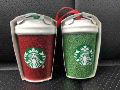 NEW 2019 Starbucks Set of Red and Green Glitter ceramic Christmas ornaments - Sold on eBay Dec, 14th 2019 for $31.99
