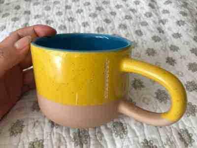 Starbucks 2018 Terra Cotta Two Tone Yellow Blue Long Handle Coffee Mug 12oz - Sold on eBay Dec, 14th 2019 for $26.00
