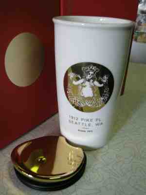 New Starbucks 2015 Gold Siren Logo Pike Place Seattle Traveler Mug Tumbler  - Sold on eBay Dec, 14th 2019 for $59.99