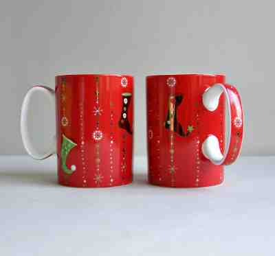 2 STARBUCKS COFFEE MUGS - Holiday 2006 Christmas Gold Stocking Snowflakes 14oz  - Sold on eBay Dec, 14th 2019 for $19.99