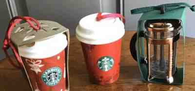 3 Starbucks Christmas Ornaments 2009, 2013 Tumblers + 2016 Coffee Press - Sold on eBay Dec, 13th 2019 for $22.72