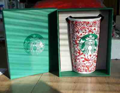 Starbucks Ceramic Travel Tumbler Mug 12 Oz Christmas Candy Cane Red Holiday 2016 - Sold on eBay Dec, 13th 2019 for $15.00