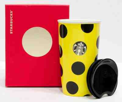 STARBUCKS 2015 Ceramic Yellow & Black Polka Dot Traveler Mug TUMBLER 12 oz NEW  - Sold on eBay Dec, 15th 2019 for $28.89
