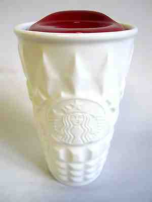STARBUCKS WHITE CERAMIC DOUBLE WALL MUG 10 oz WITH RED LID 2014 - Sold on eBay Dec, 15th 2019 for $21.99