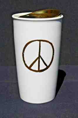 Starbucks Gold Peace Sign Travel Mug Ceramic Tall Cup 12 oz 2015 White Holiday - Sold on eBay Dec, 15th 2019 for $22.99