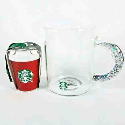 Starbucks Holiday Clear Glass Sliver Glitter Handle Mug & Red Glitter Ornament - Sold on eBay Dec, 16th 2019 for $40.00