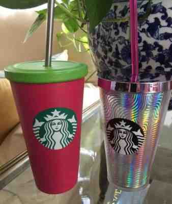 Starbucks Coffee Cold Cup Tumblers With Straws Pink Green Matte Rainbow Pink Lid - Sold on eBay Dec, 16th 2019 for $25.00