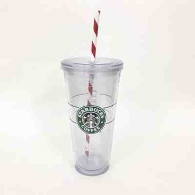 STARBUCKS 20oz Clear Tumbler Venti Holiday Candy Cane Straw Red White Coffee  - Sold on eBay Dec, 16th 2019 for $21.25