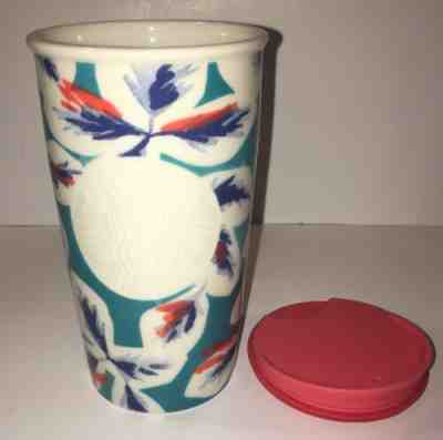 Starbucks Red White Blue Teal 12 oz Coffee Travel Tumbler mug 2016 Ceramic  - Sold on eBay Dec, 16th 2019 for $18.62