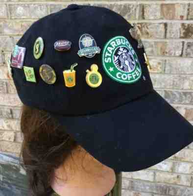 STARBUCKS CAP WITH COLLECTION OF 17 PINS      RARE ONES