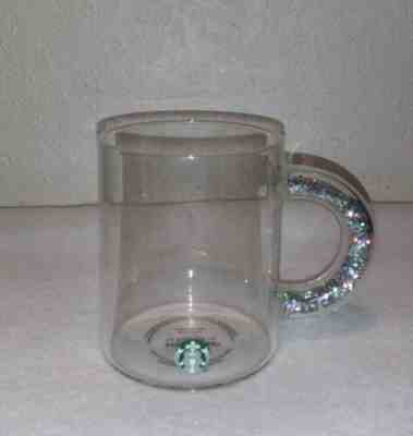 NEW 12oz Starbucks Clear Glass 2019 Holiday Coffee Mug Cup Glitter Handle & Logo - Sold on eBay Dec, 16th 2019 for $29.49