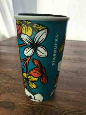 Starbucks Ceramic Poppy Flower Tumbler Cup, Travel Mug Lid Blue White Yellow - Sold on eBay Dec, 16th 2019 for $35.92
