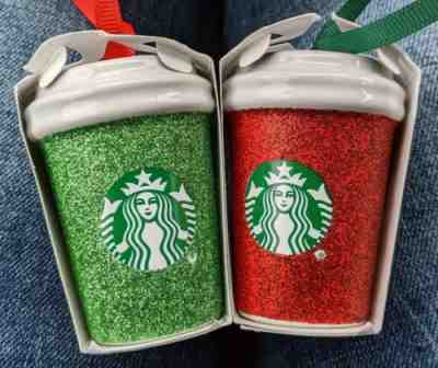 *NEW* Starbucks Set of Red and Green Glitter Ceramic Christmas Ornaments, 2019! - Sold on eBay Dec, 16th 2019 for $31.99