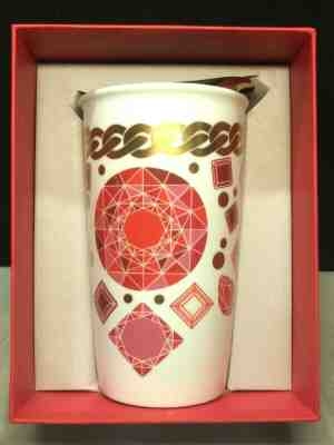 Starbucks 2014 White Ceramic Double Wall Tumbler 12oz Red Gems Gold Chain NIB - Sold on eBay Dec, 16th 2019 for $24.99