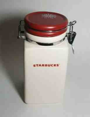 Starbucks 2008 Ceramic Canister Jar Cream Red Snowflake Holiday Snap Lid 27 oz.  - Sold on eBay Dec, 16th 2019 for $24.99