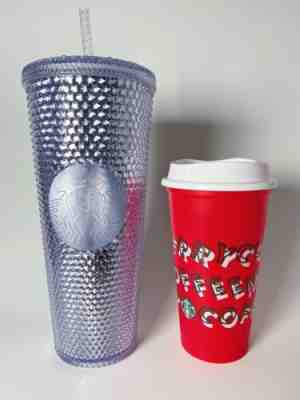 Starbucks 2019 Holiday Bling Platinum Studded Tumbler & Merry Coffee Red Hot Cup - Sold on eBay Dec, 15th 2019 for $19.00