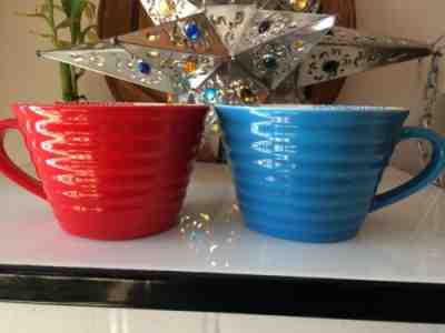 Two Starbucks Ridged Coffee Mugs Cups Red Blue Teacups Floral Inside Pattern - Sold on eBay Dec, 15th 2019 for $16.00