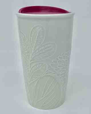 Starbucks White Embossed Floral Traveler Tumbler Coffee Mug With Pink Lid - Sold on eBay Dec, 15th 2019 for $40.00