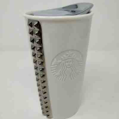 Starbucks 2014 White Ceramic Travel Tumbler Silver Studs Coffee Mug 10 Fl Oz - Sold on eBay Dec, 15th 2019 for $22.00