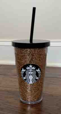 NEW Starbucks 2018 Holiday Glitter Tumbler Gold Black Cold Cup Grande 16oz - Sold on eBay Dec, 14th 2019 for $33.00