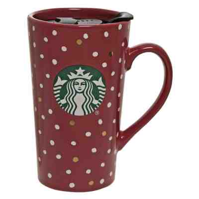 Starbucks Ceramic 14 oz Coffee Cup Travel Mug with Lid Holiday Polka Dots 2018 - Sold on eBay Dec, 14th 2019 for $17.42