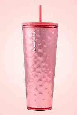New Starbucks 2019 Holiday Shiny Rose Gold Pink 24 oz Cold Cup Straw Tumbler - Sold on eBay Dec, 13th 2019 for $24.50