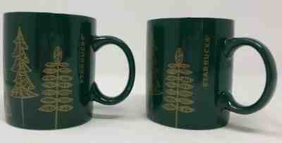 Set of 2 Starbucks 2015 12 oz Holiday Christmas Coffee Mug Cup Green Gold Trees - Sold on eBay Dec, 13th 2019 for $17.59