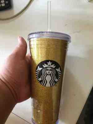 Starbucks 2018 Holiday Travel Tumbler Cup Straw Gold Glitter Sparkles 20 Oz NEW - Sold on eBay Dec, 13th 2019 for $18.99